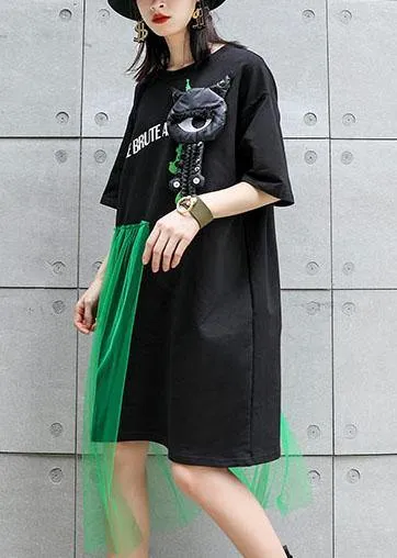 100% black patchwork tulle Cotton tunic dress short sleeve tunic Dresses