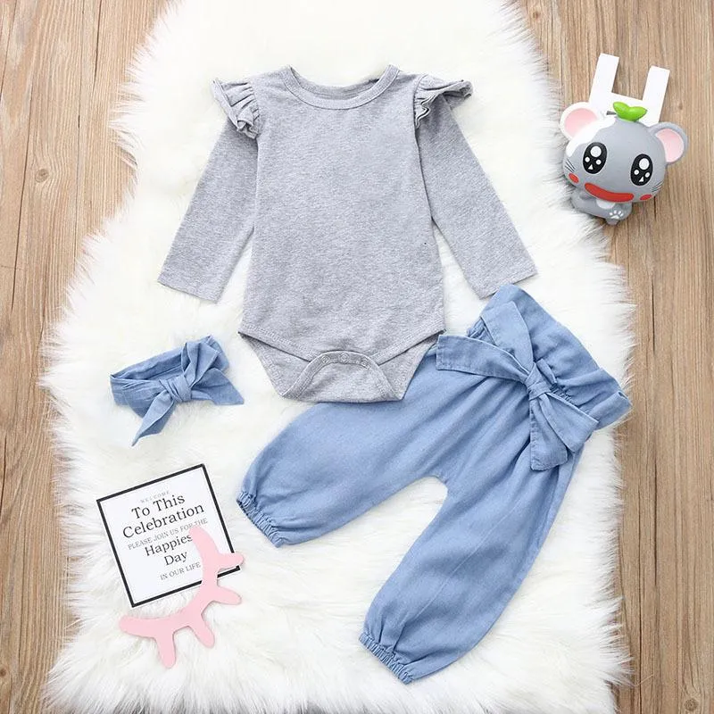 3-piece Casual Clothes Set Flutter Sleeve Grey Bodysuit and Big Bow Blue Pants and Headband