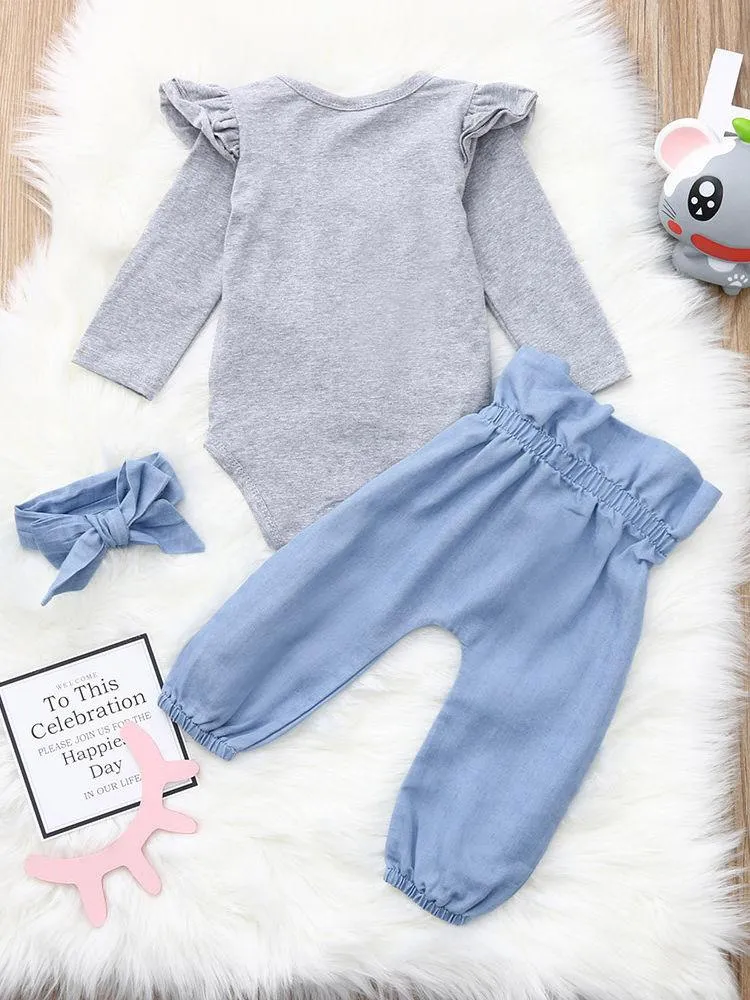 3-piece Casual Clothes Set Flutter Sleeve Grey Bodysuit and Big Bow Blue Pants and Headband