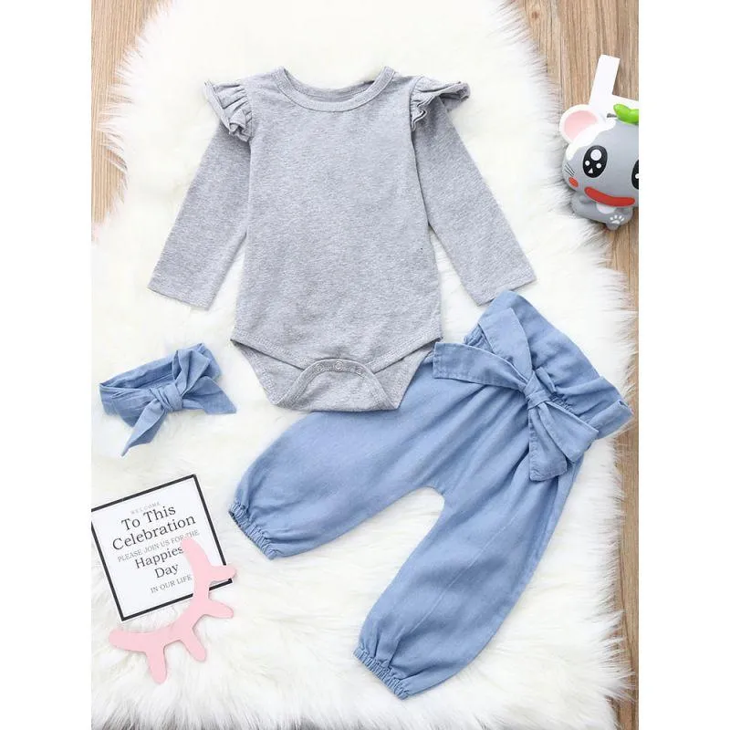 3-piece Casual Clothes Set Flutter Sleeve Grey Bodysuit and Big Bow Blue Pants and Headband