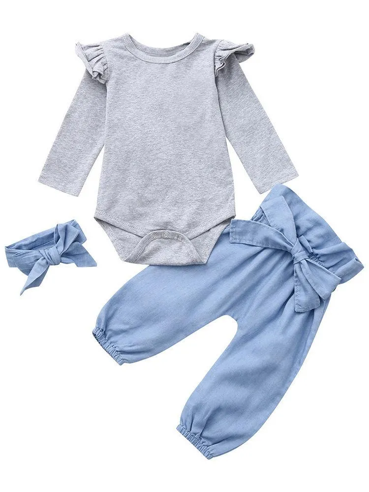 3-piece Casual Clothes Set Flutter Sleeve Grey Bodysuit and Big Bow Blue Pants and Headband