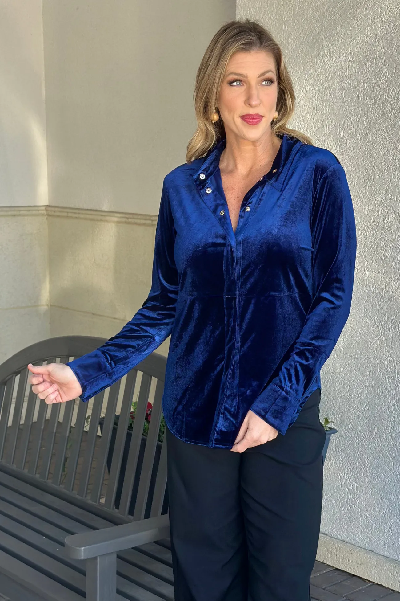 At Midnight Velvet Button-Up Shirt-Blue