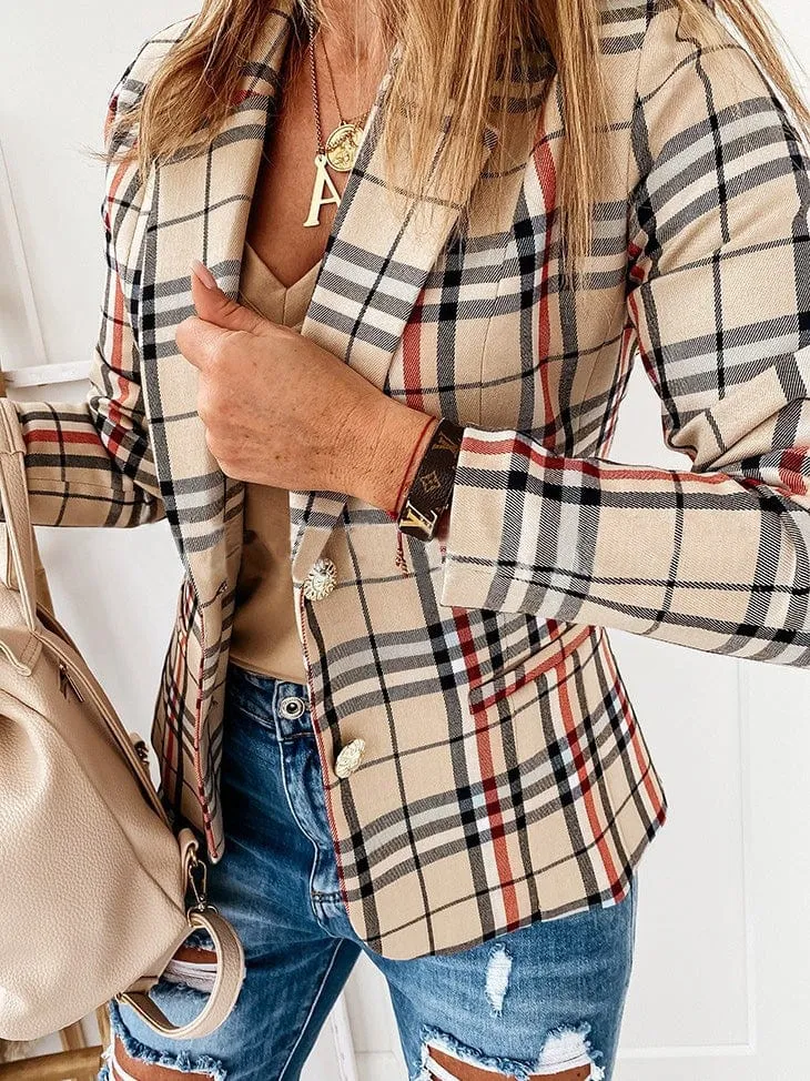 Beige Plaid Long Sleeve Blazer