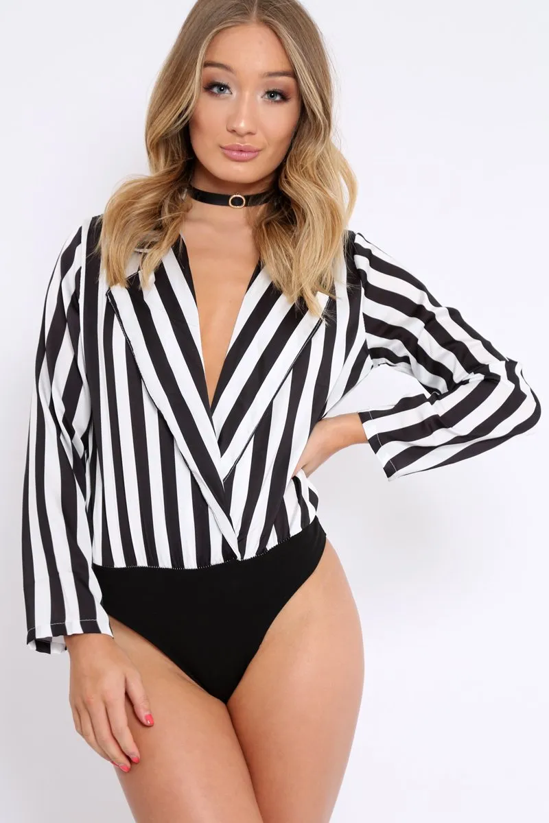 Black & White Striped Open Collar Bodysuit - Torie