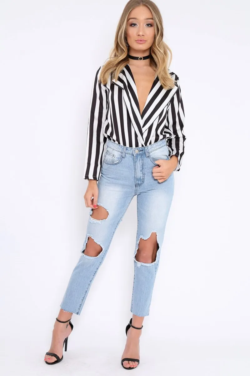 Black & White Striped Open Collar Bodysuit - Torie