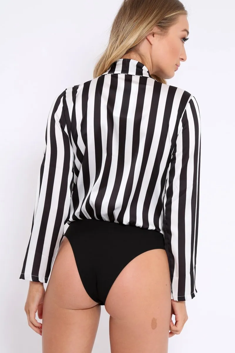 Black & White Striped Open Collar Bodysuit - Torie