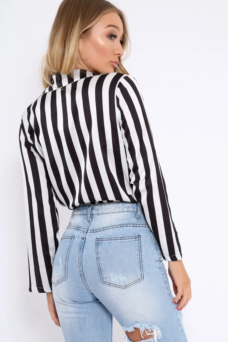 Black & White Striped Open Collar Bodysuit - Torie