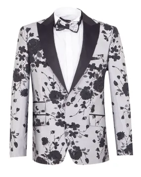 Black Flower Design Blazer with Contrasting Lapel