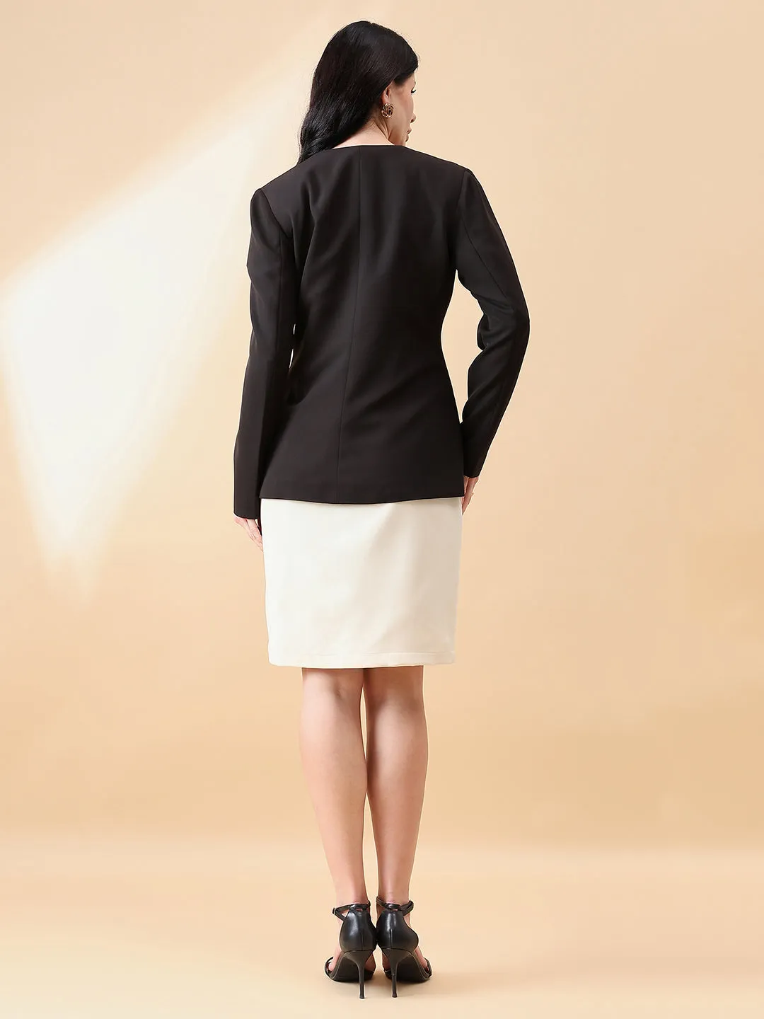 Black Polyester Lapel Less Stretch Blazer