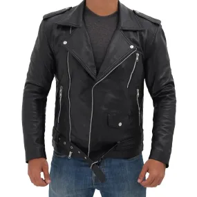 Black Slim Fitted Rider Belted Leather Jacket