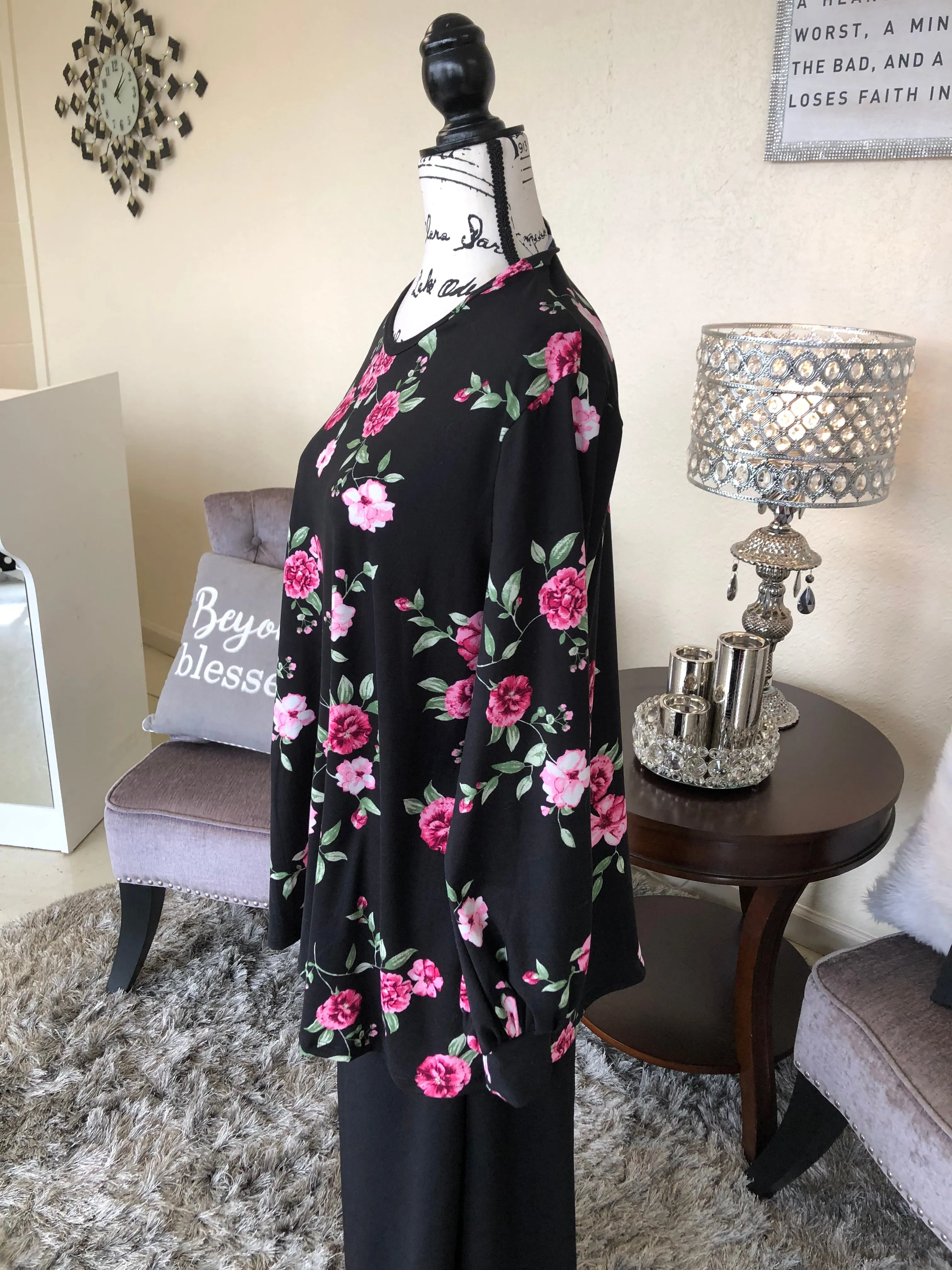 Black/Pink Floral Tunic Top