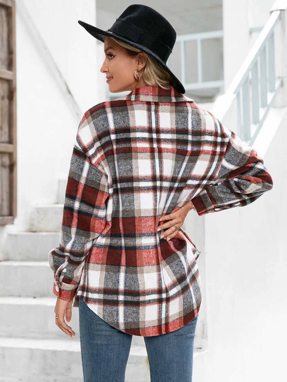 Button Down Front Pocket Plaid Shacket