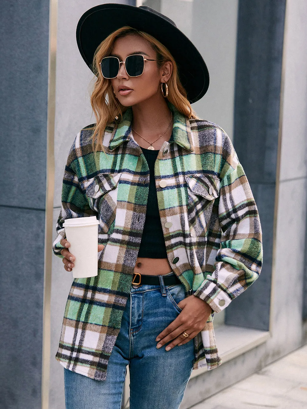 Button Down Front Pocket Plaid Shacket