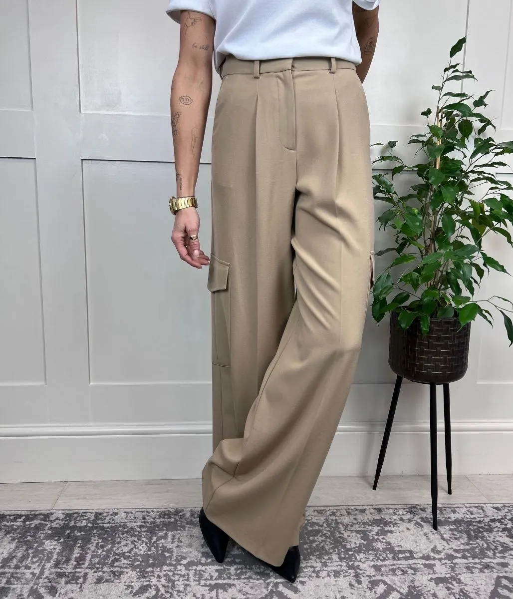 Camel Wide Leg Cargo Trousers