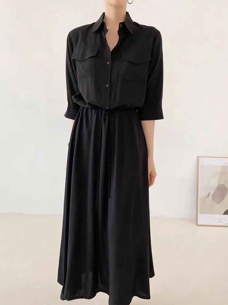 Comfy Drawstring Lapel Waist Dress