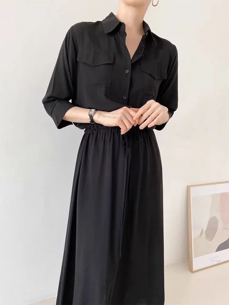 Comfy Drawstring Lapel Waist Dress