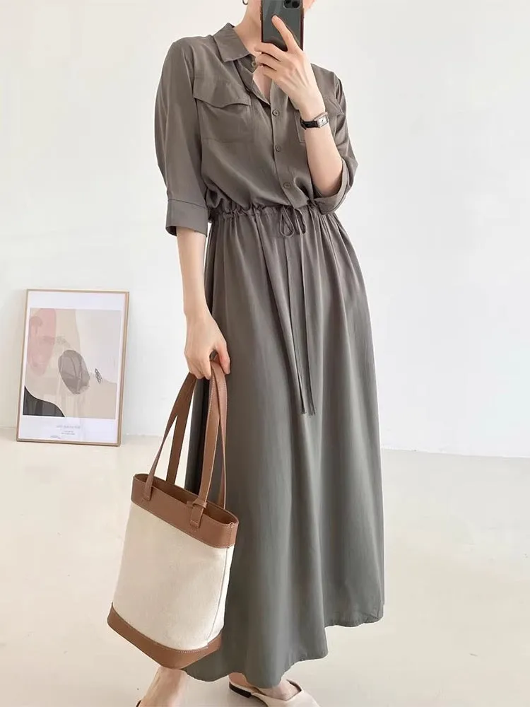 Comfy Drawstring Lapel Waist Dress