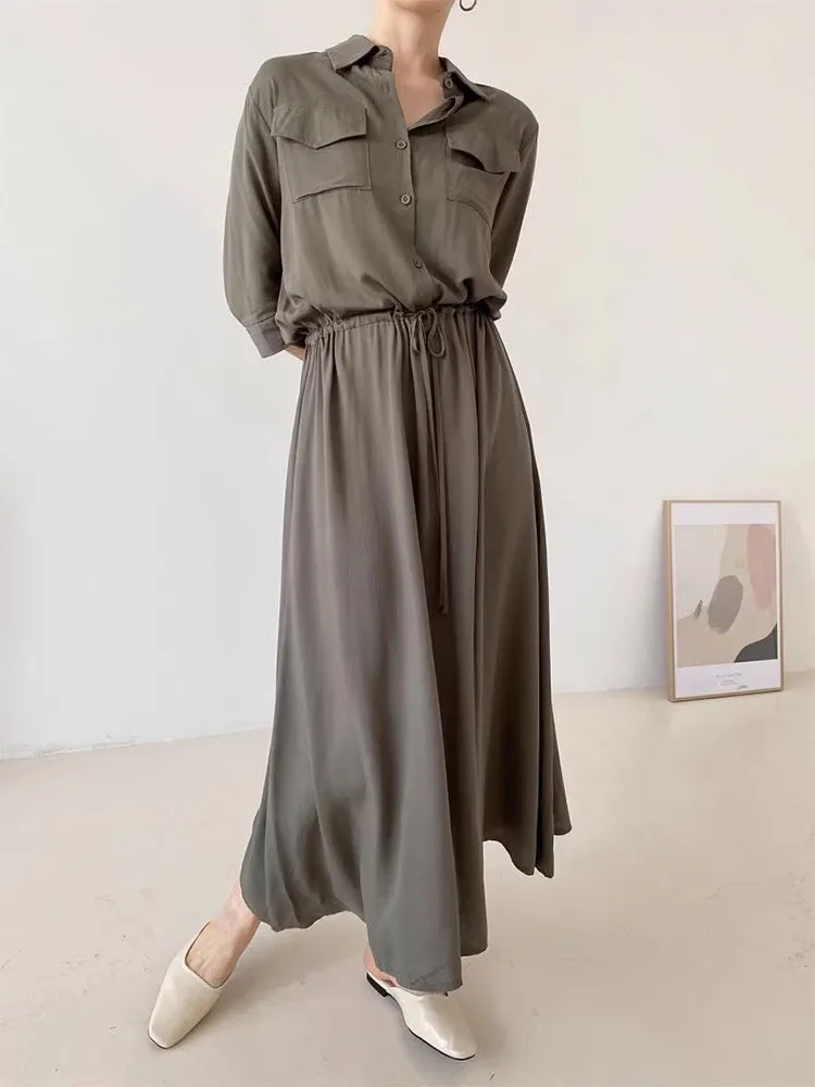 Comfy Drawstring Lapel Waist Dress