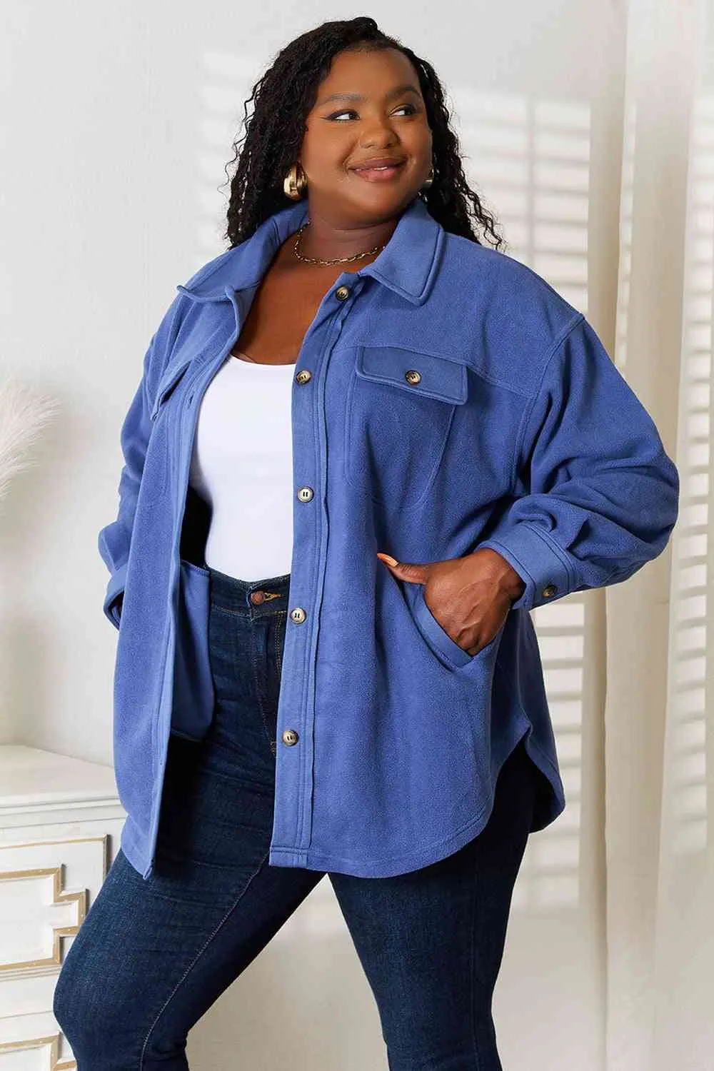 Cozy Girl Button Down Shacket-Dusty Blue