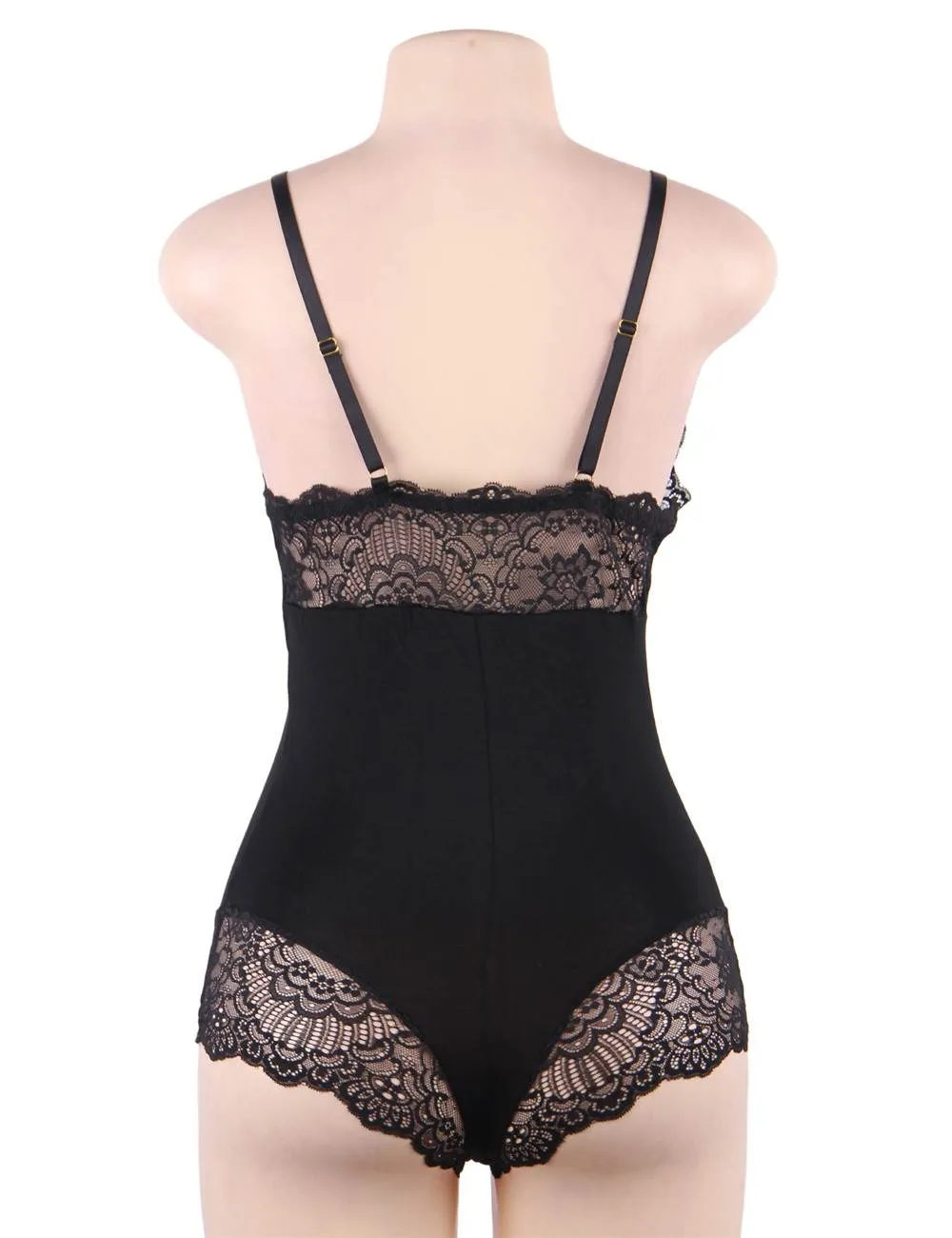 Crotch Openable Stretchy Plus Size Black Modal Lace Bodysuit