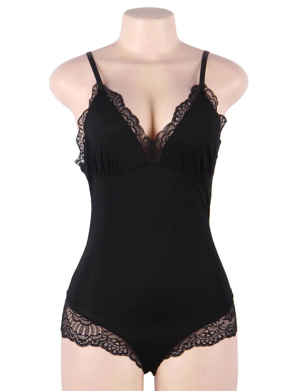 Crotch Openable Stretchy Plus Size Black Modal Lace Bodysuit