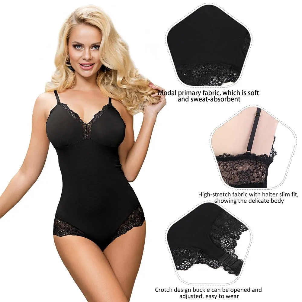 Crotch Openable Stretchy Plus Size Black Modal Lace Bodysuit