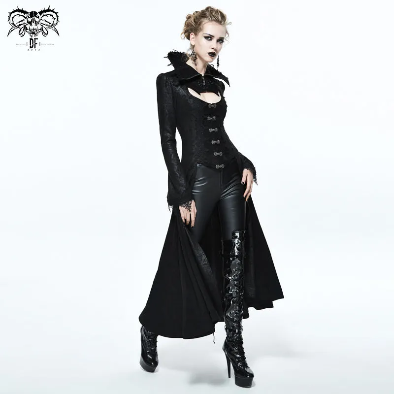 CT07301 Black floral dark pattern embroidered women dress coat