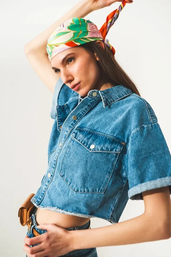 Denim Cropped Shacket in Authentic Blue