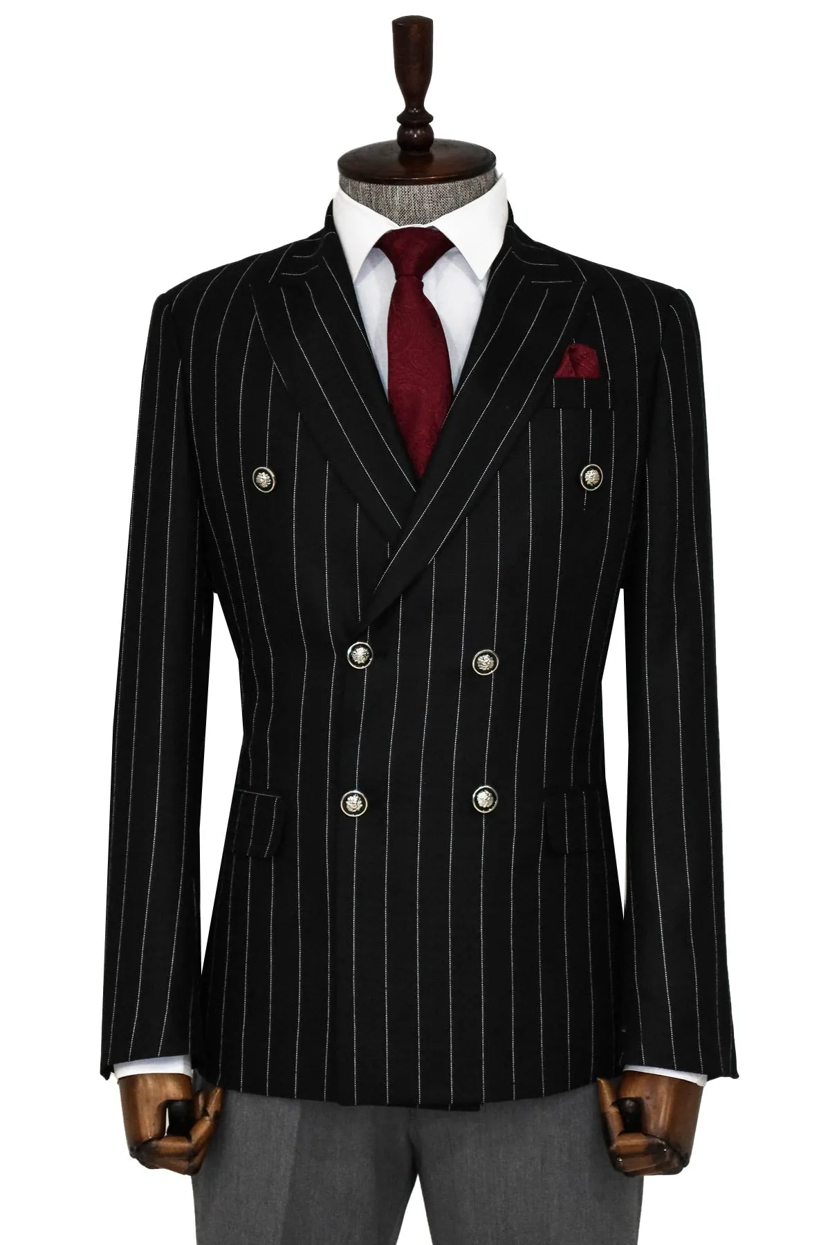 Double Breasted Slim Fit Striped Black Men Blazer - Wessi