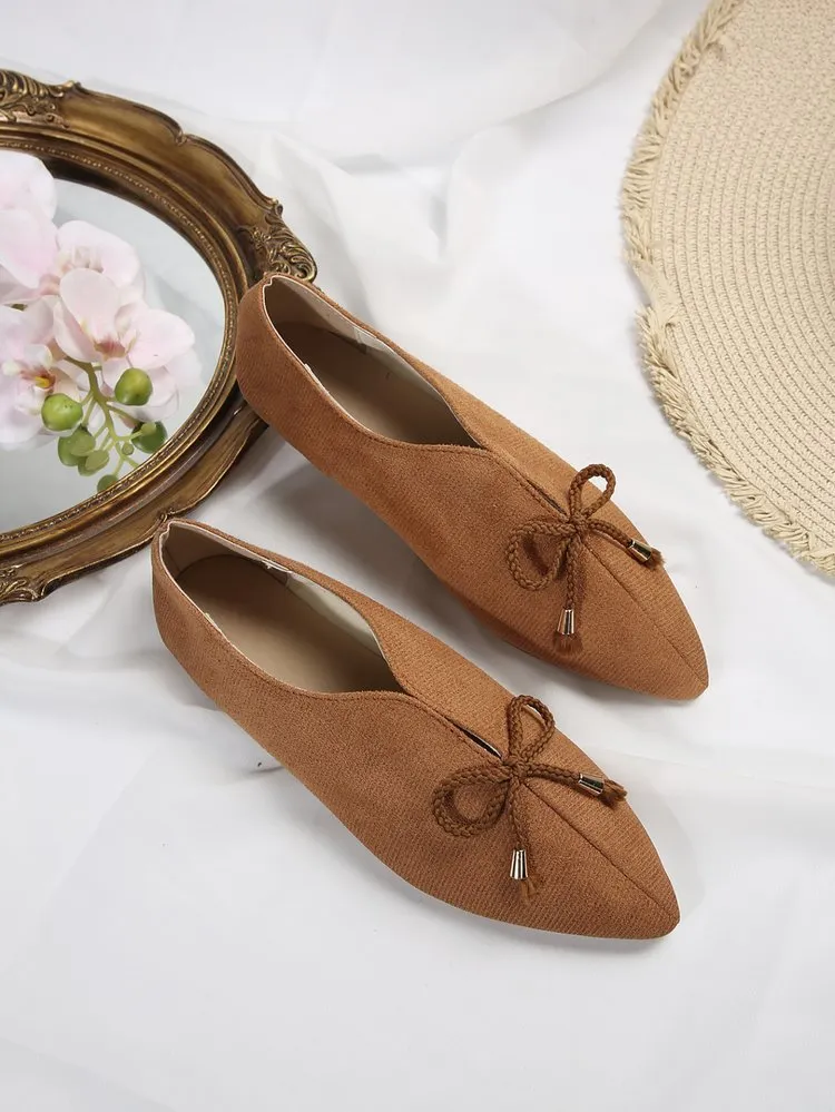 elveswallet Canvas suede bow pointed toe flat slip-ons