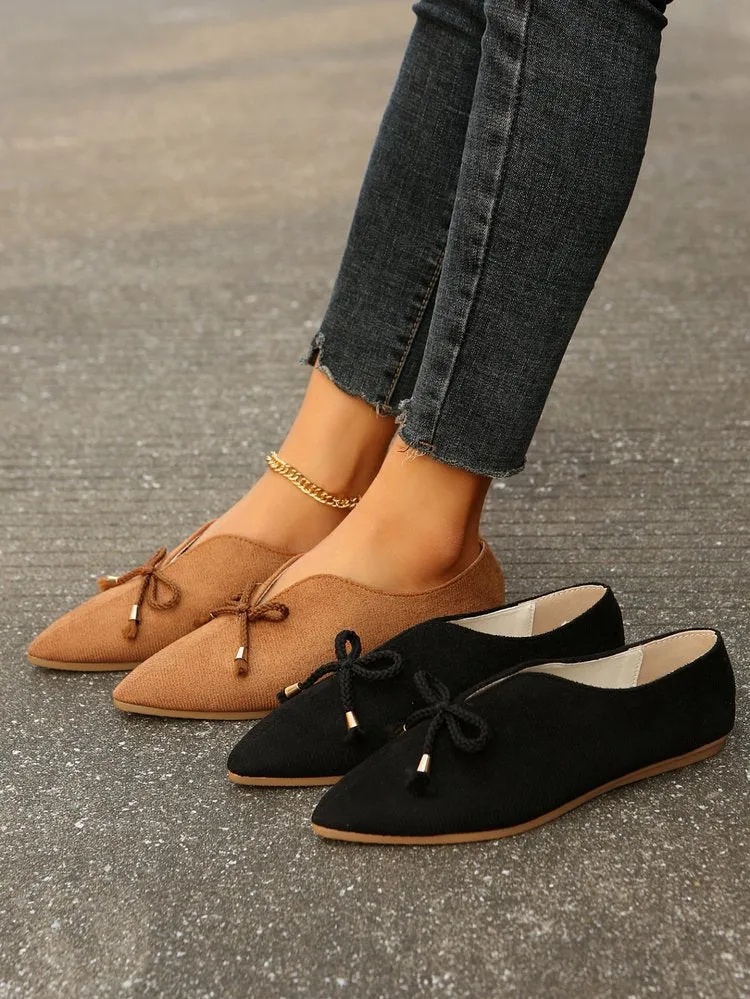 elveswallet Canvas suede bow pointed toe flat slip-ons