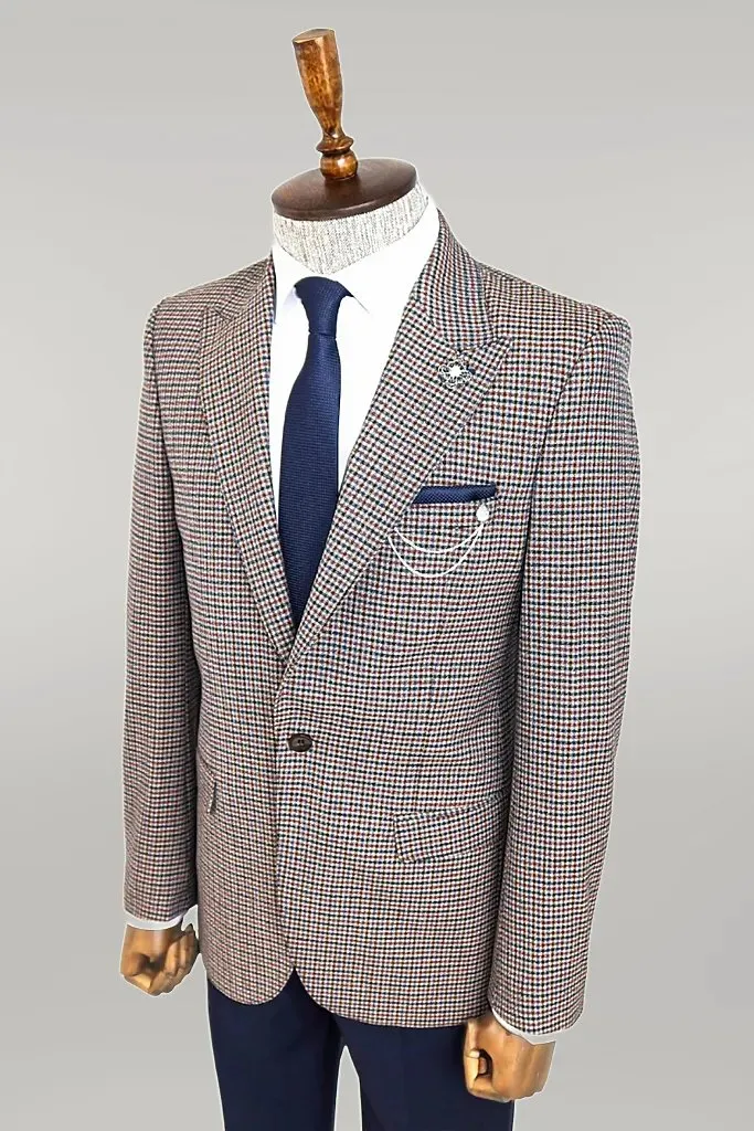 Gingham Slim Fit Brown Men Blazer - Wessi