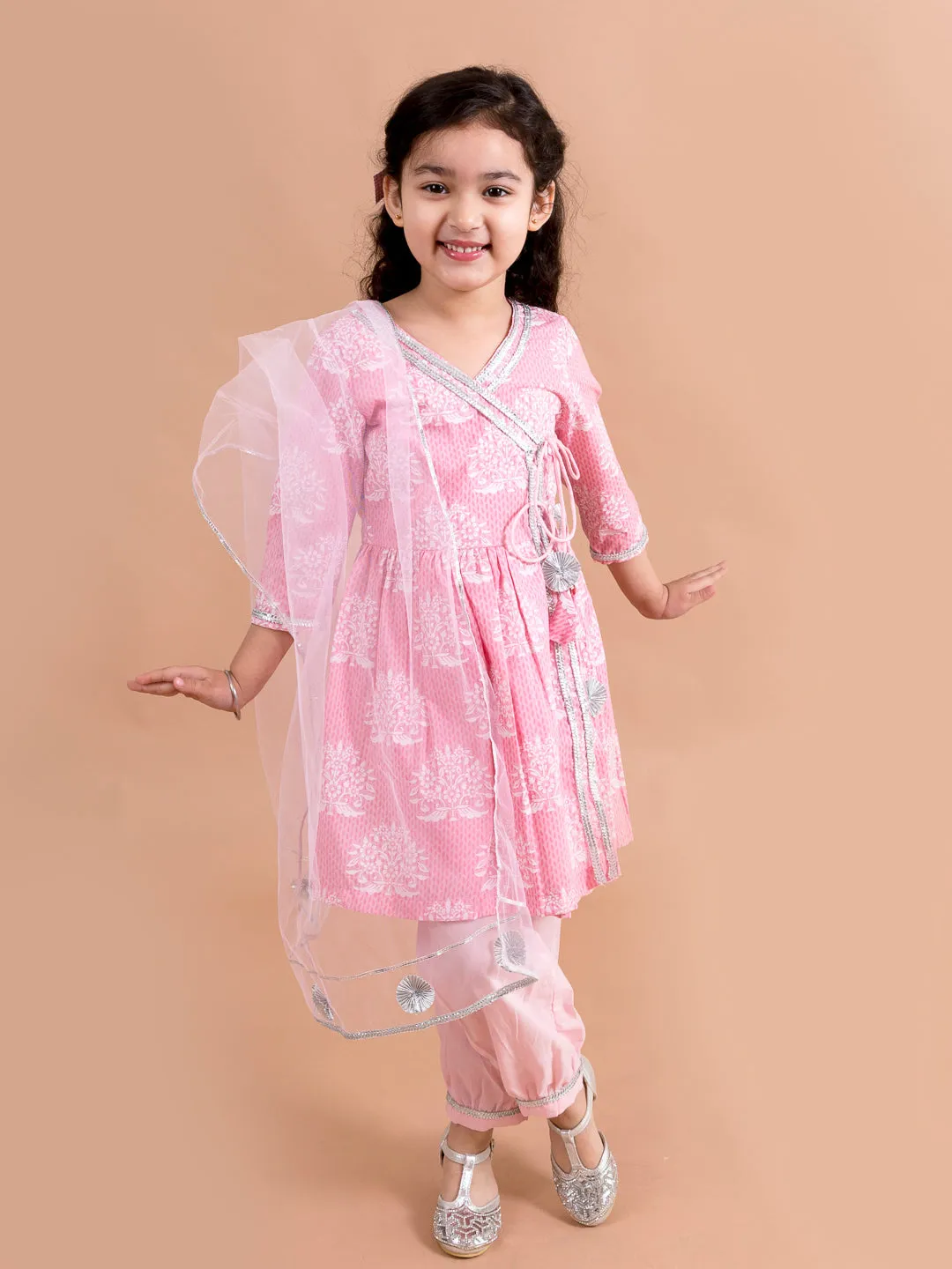 Girls Pink White Printed Pure Cotton Kurta With Trousers With Dupatta - Ps Peaches