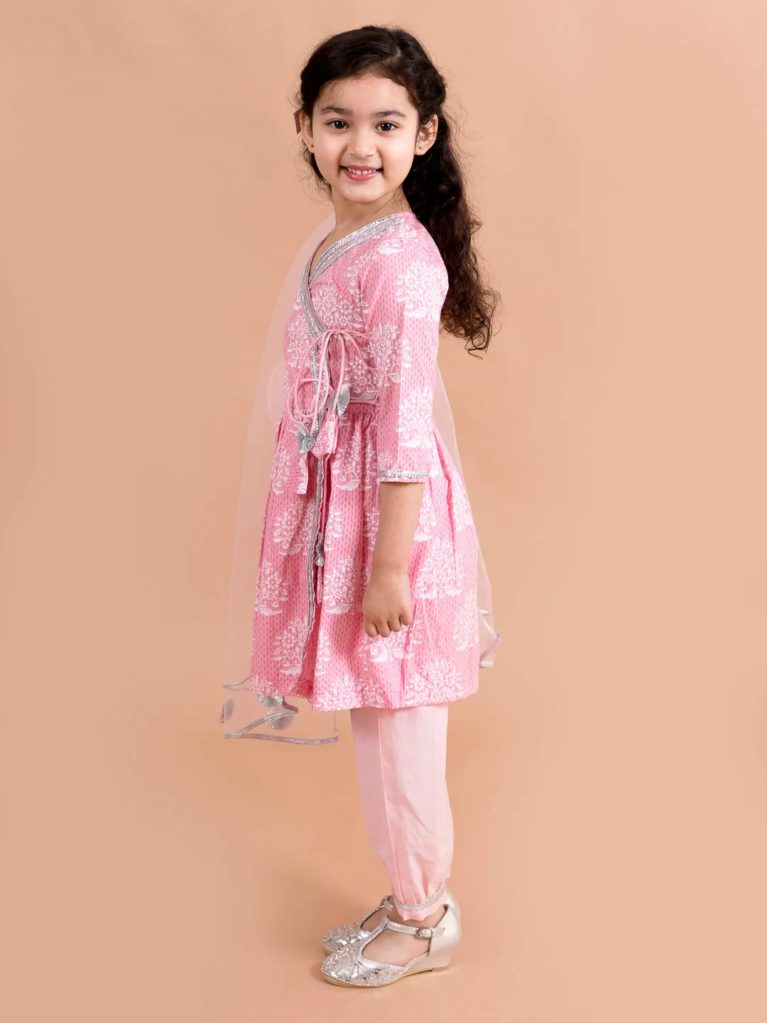 Girls Pink White Printed Pure Cotton Kurta With Trousers With Dupatta - Ps Peaches