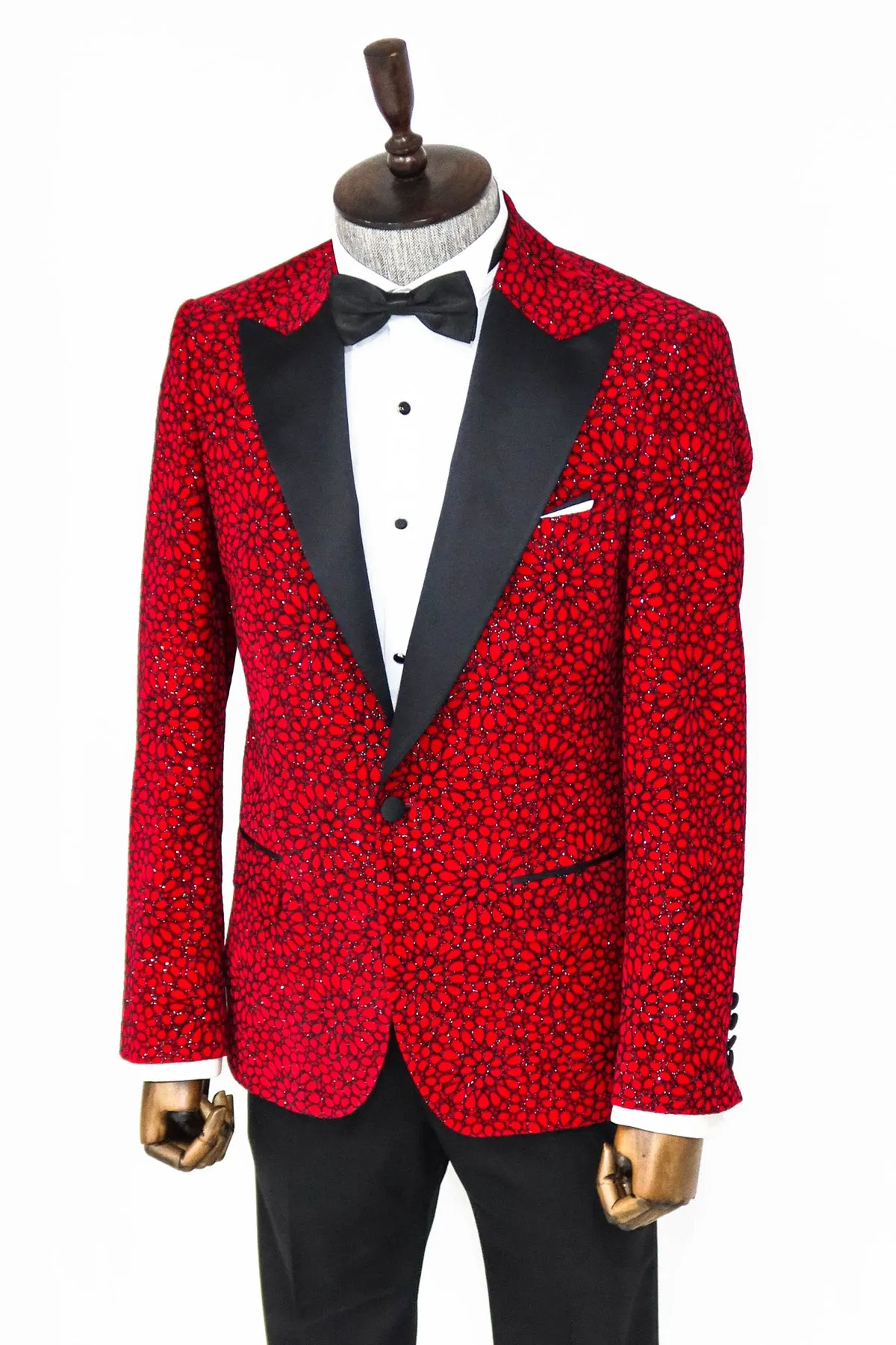 Glitter Floral Patterned Burgundy Men Party Blazer - Wessi