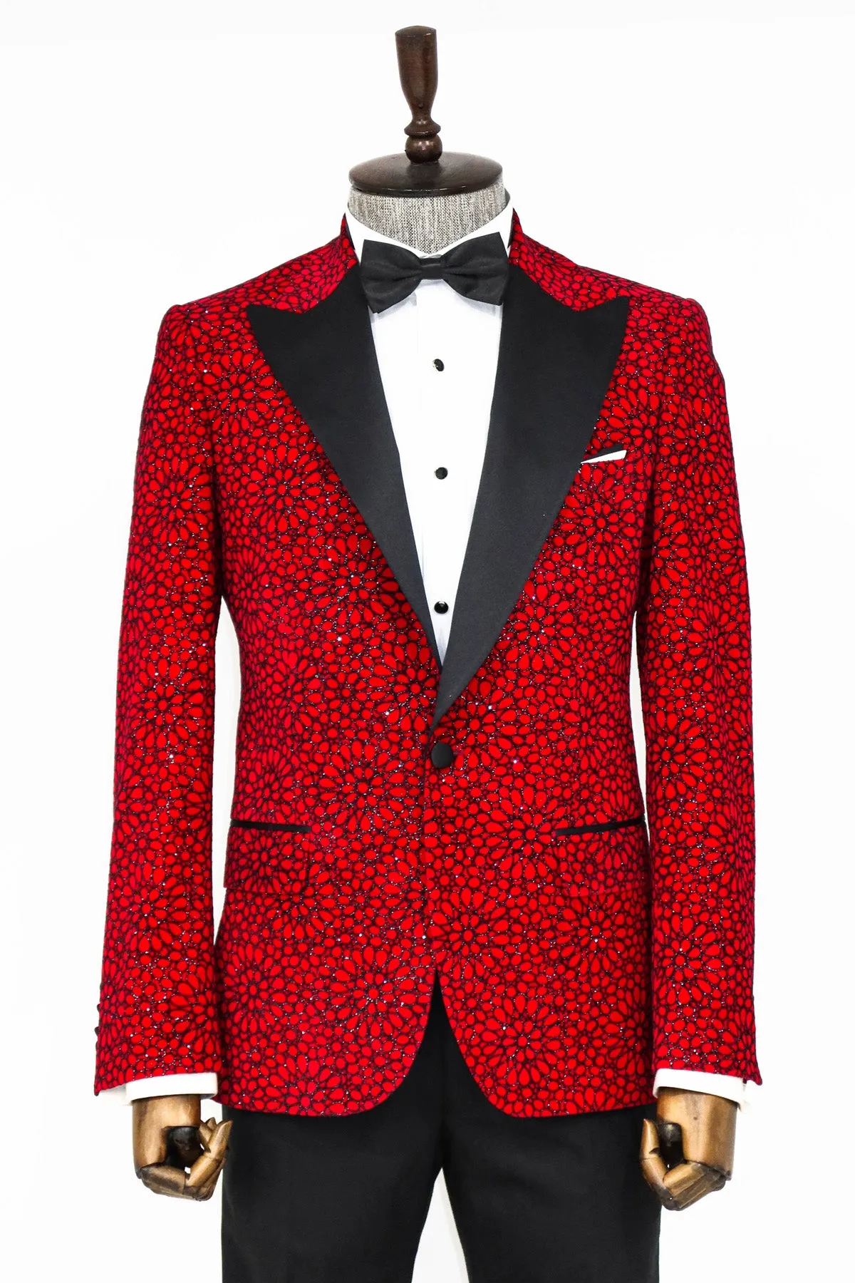 Glitter Floral Patterned Burgundy Men Party Blazer - Wessi