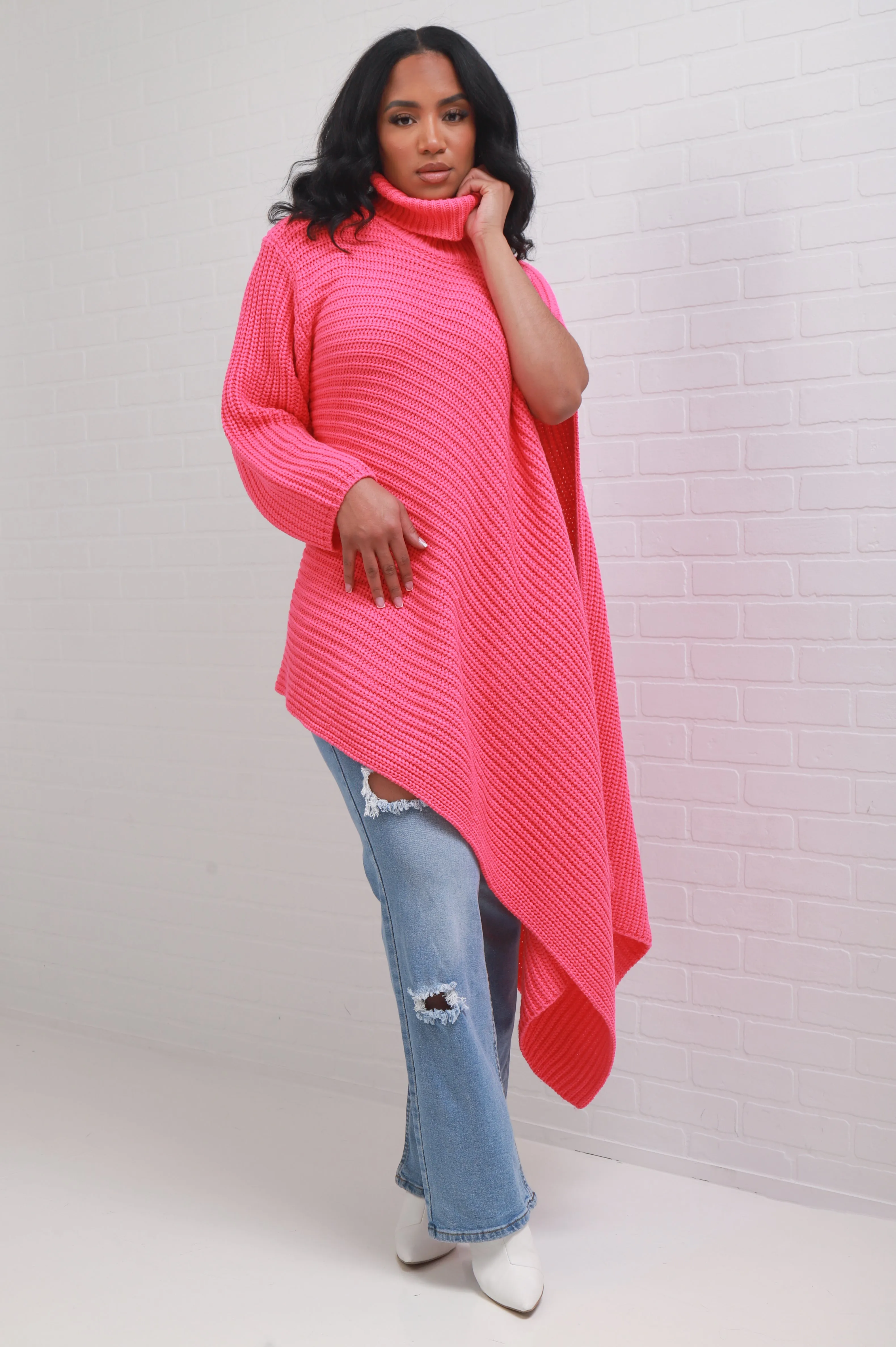 How To Deal Asymmetrical Knit Sweater - Hot Pink