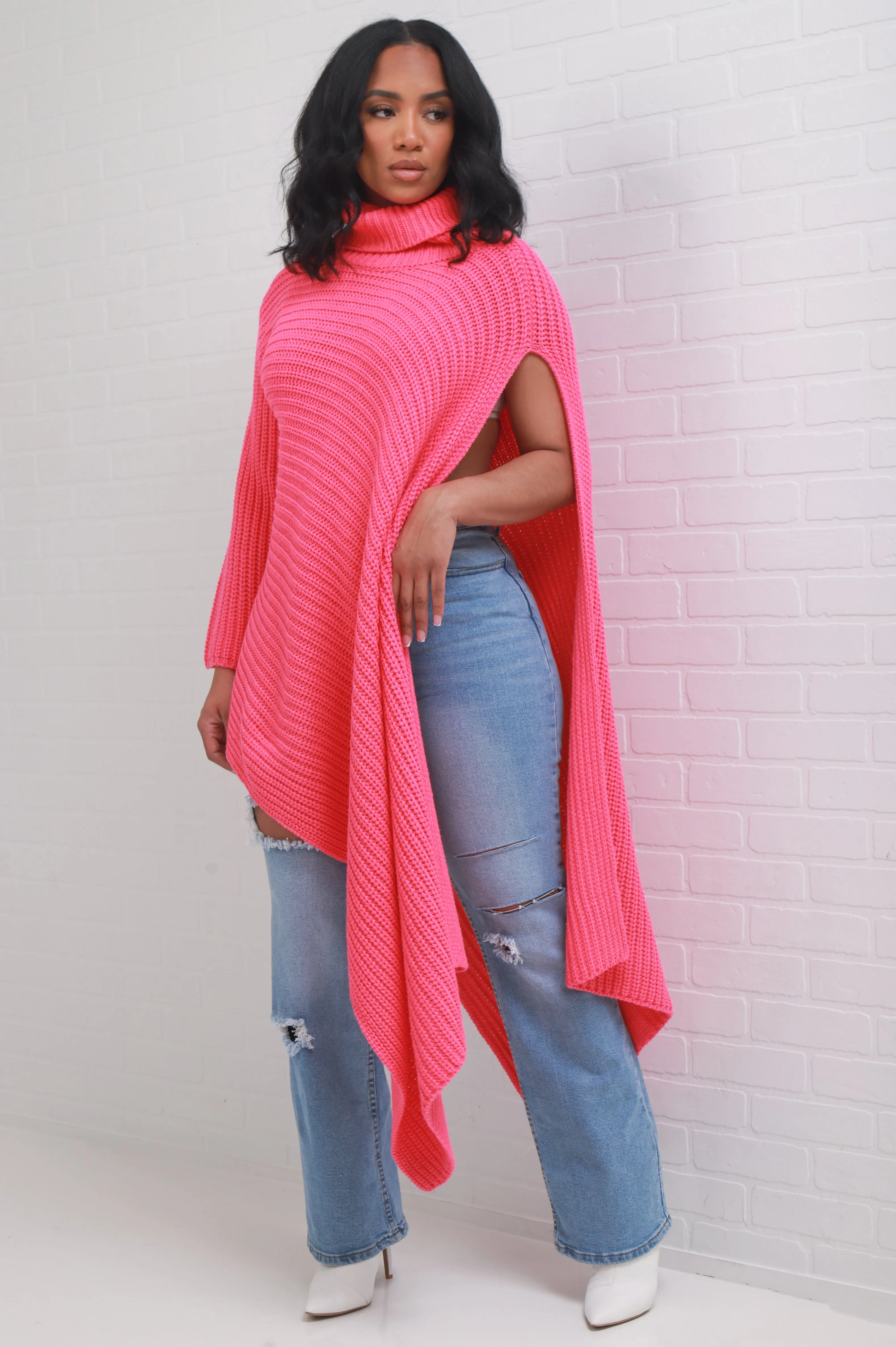 How To Deal Asymmetrical Knit Sweater - Hot Pink