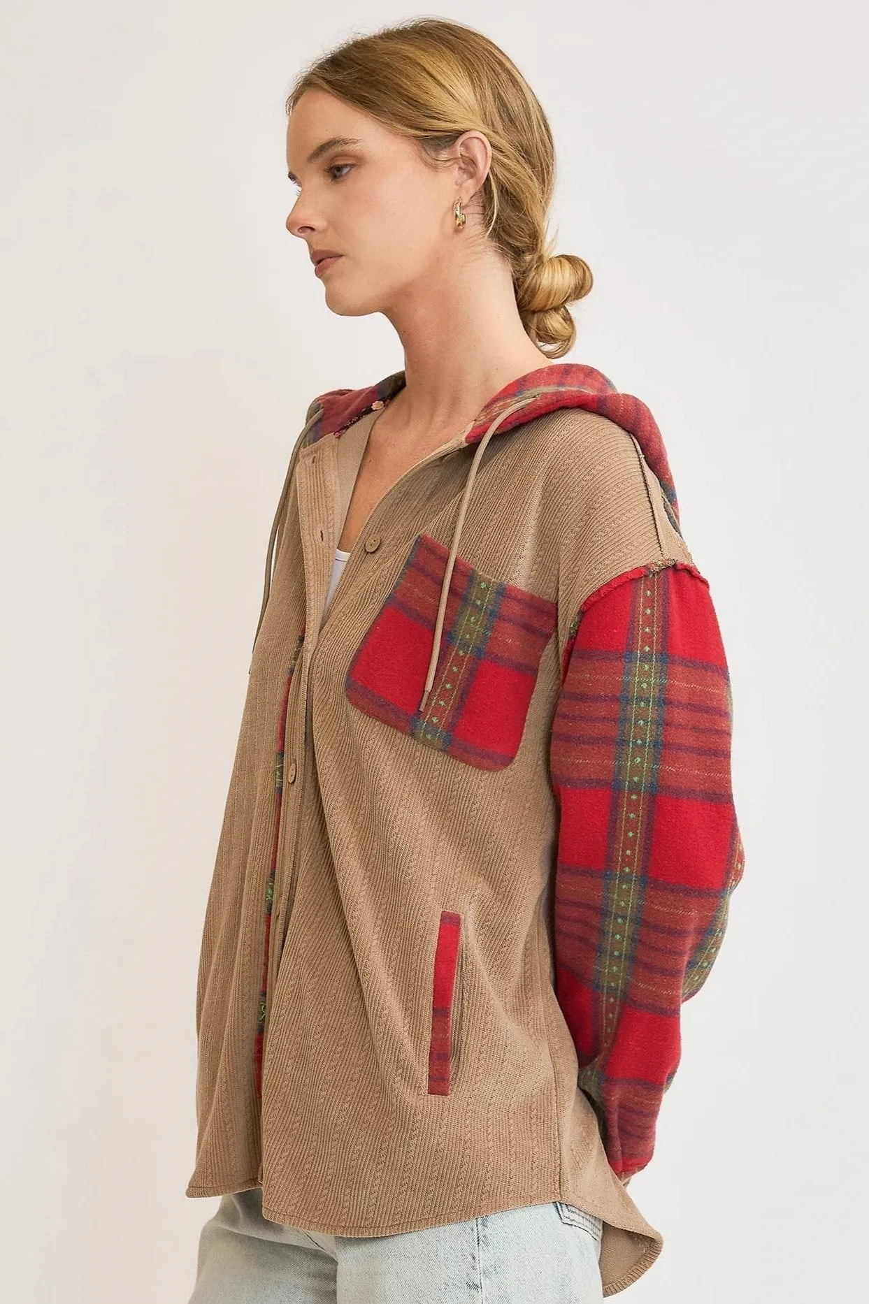 Kaline - A Corduroy Shacket with Plaid Detail