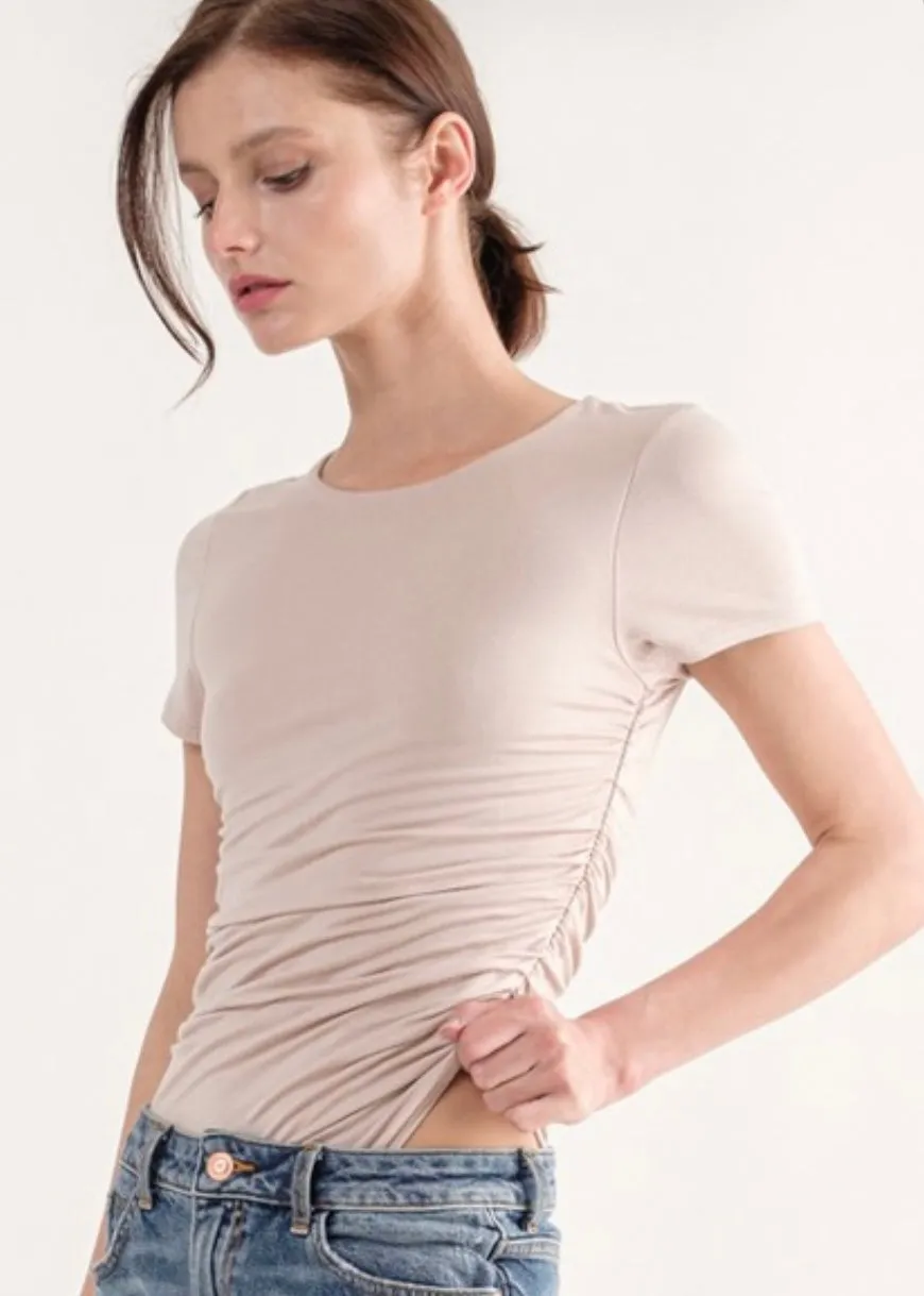 Kalmia, ruched crewneck bodysuit, taupe