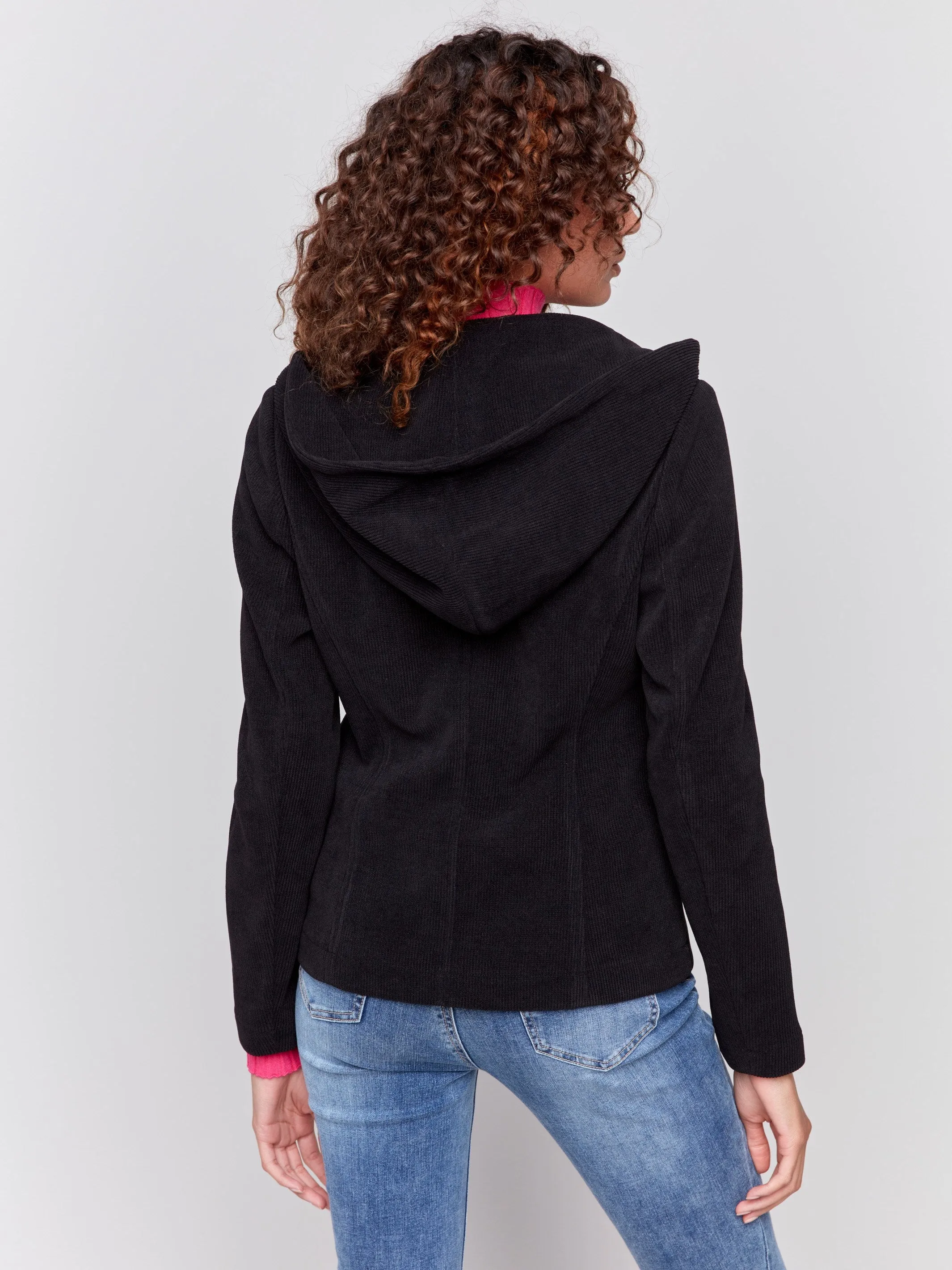 Knit Corduroy Blazer with Hood - Black