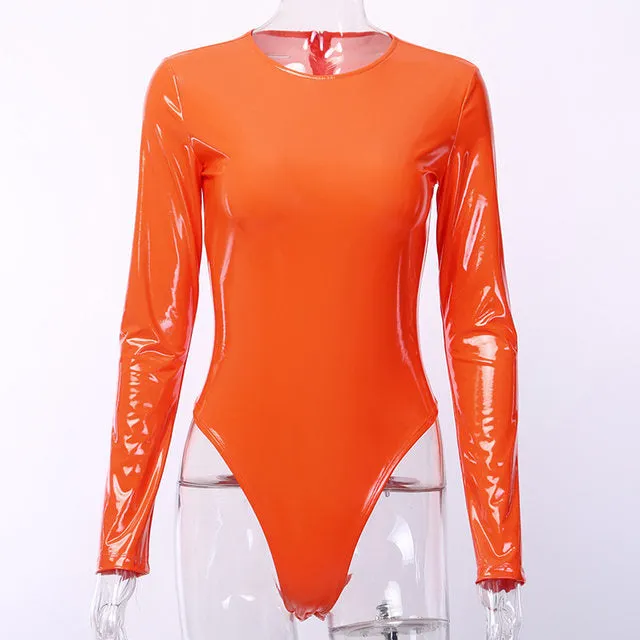 Latex leather detail wet look bodysuit top