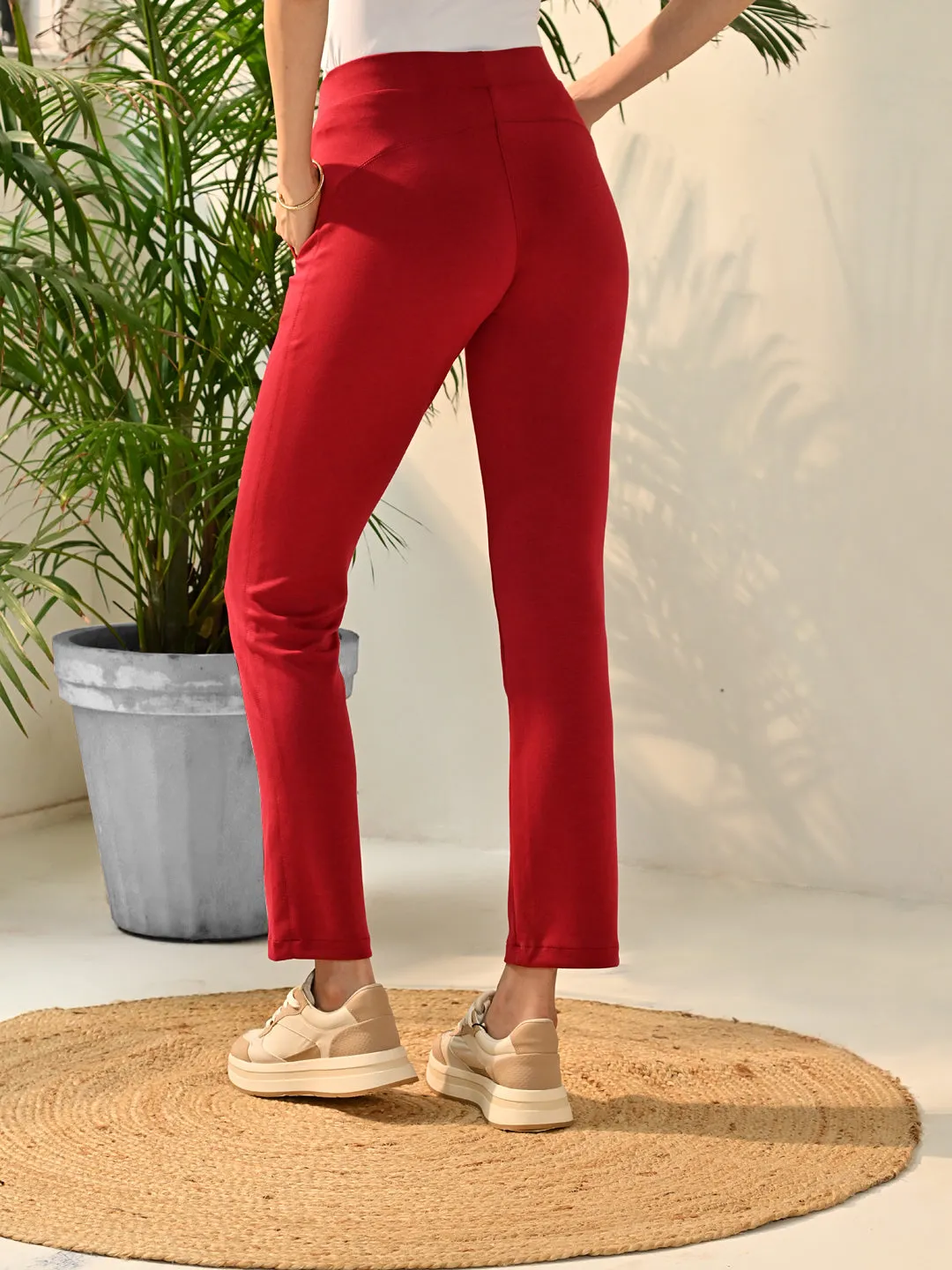 Liah Red Straight Fit Trousers for Women