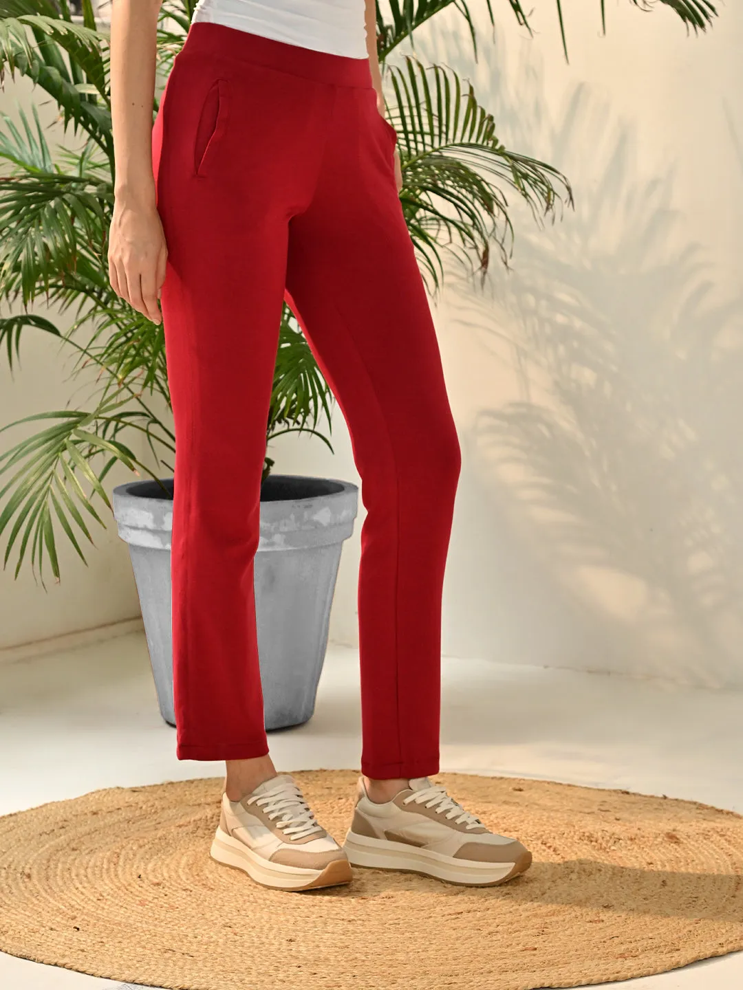 Liah Red Straight Fit Trousers for Women