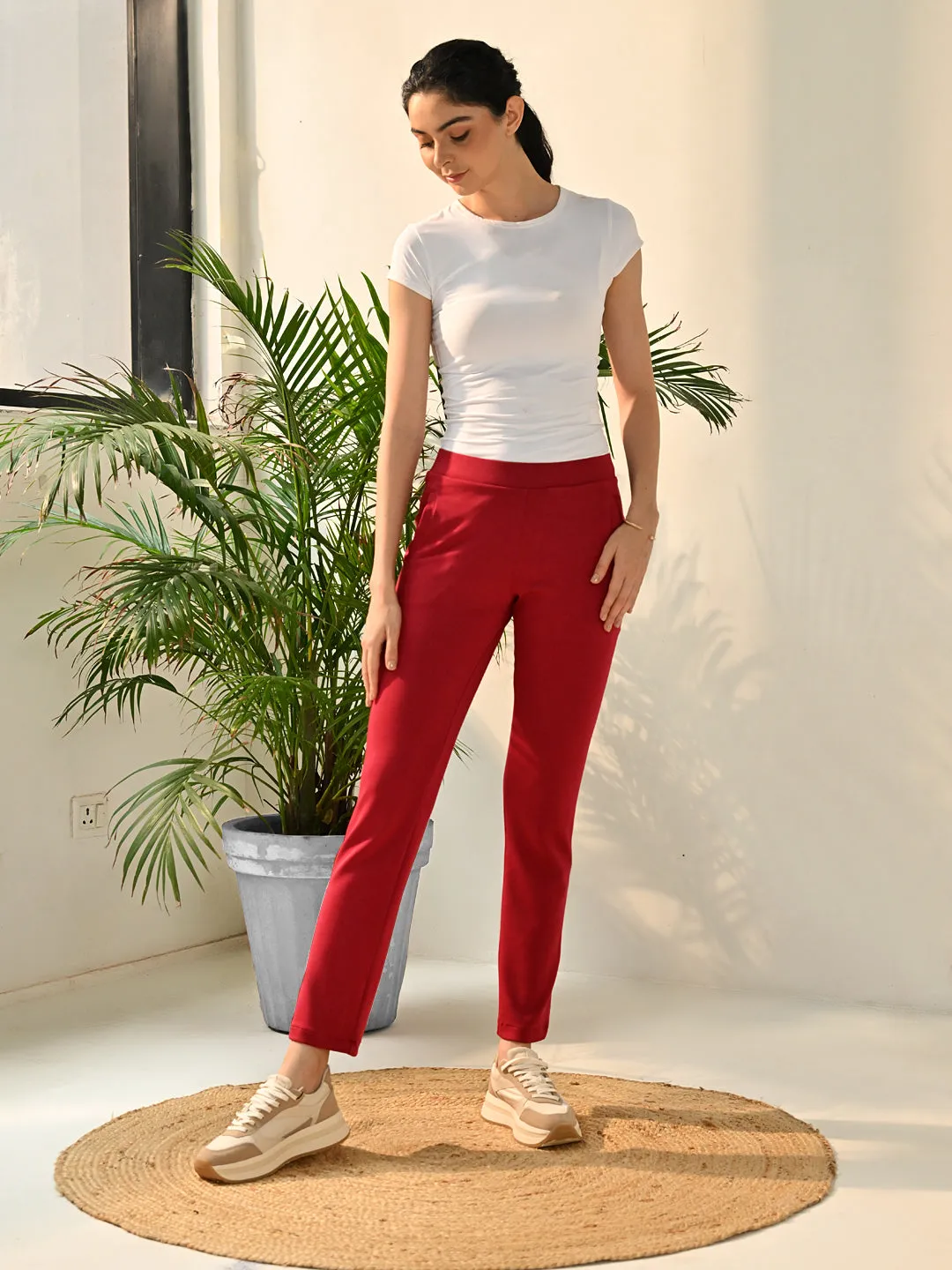 Liah Red Straight Fit Trousers for Women