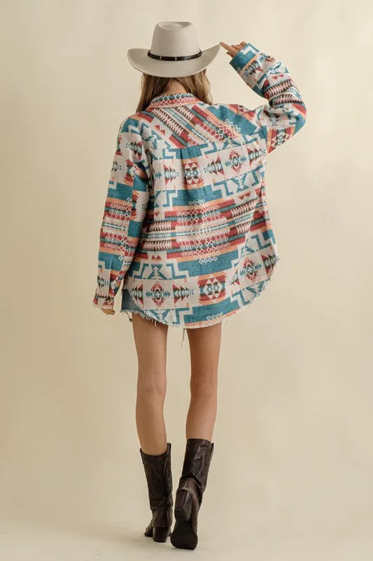 Long-sleeved Frayed Aztec Western Shacket