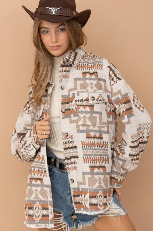 Long-sleeved Frayed Aztec Western Shacket