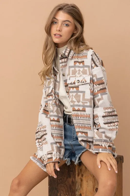 Long-sleeved Frayed Aztec Western Shacket