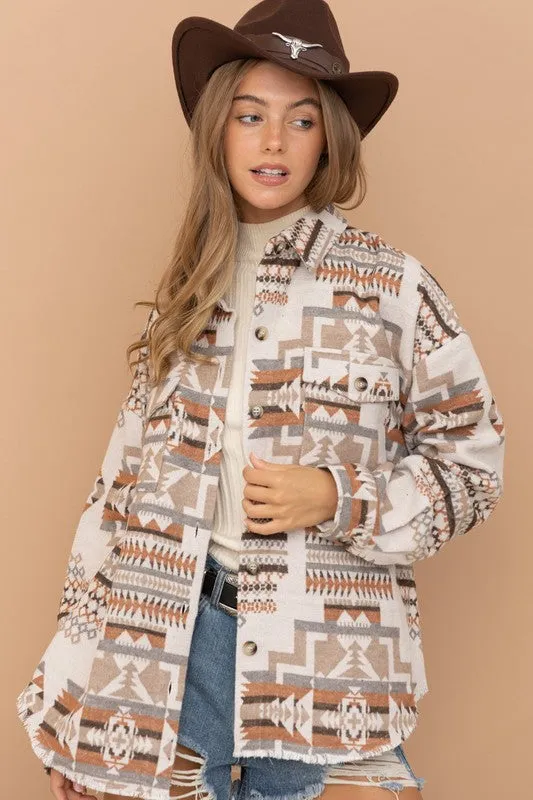 Long-sleeved Frayed Aztec Western Shacket