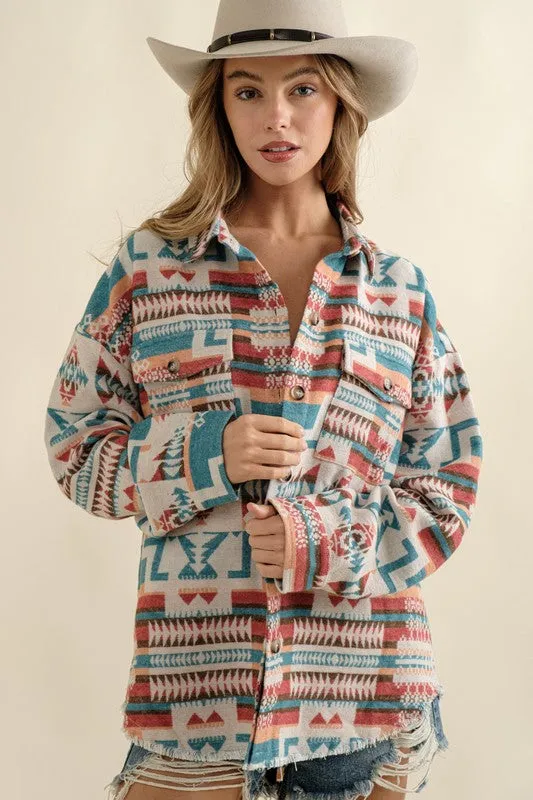 Long-sleeved Frayed Aztec Western Shacket